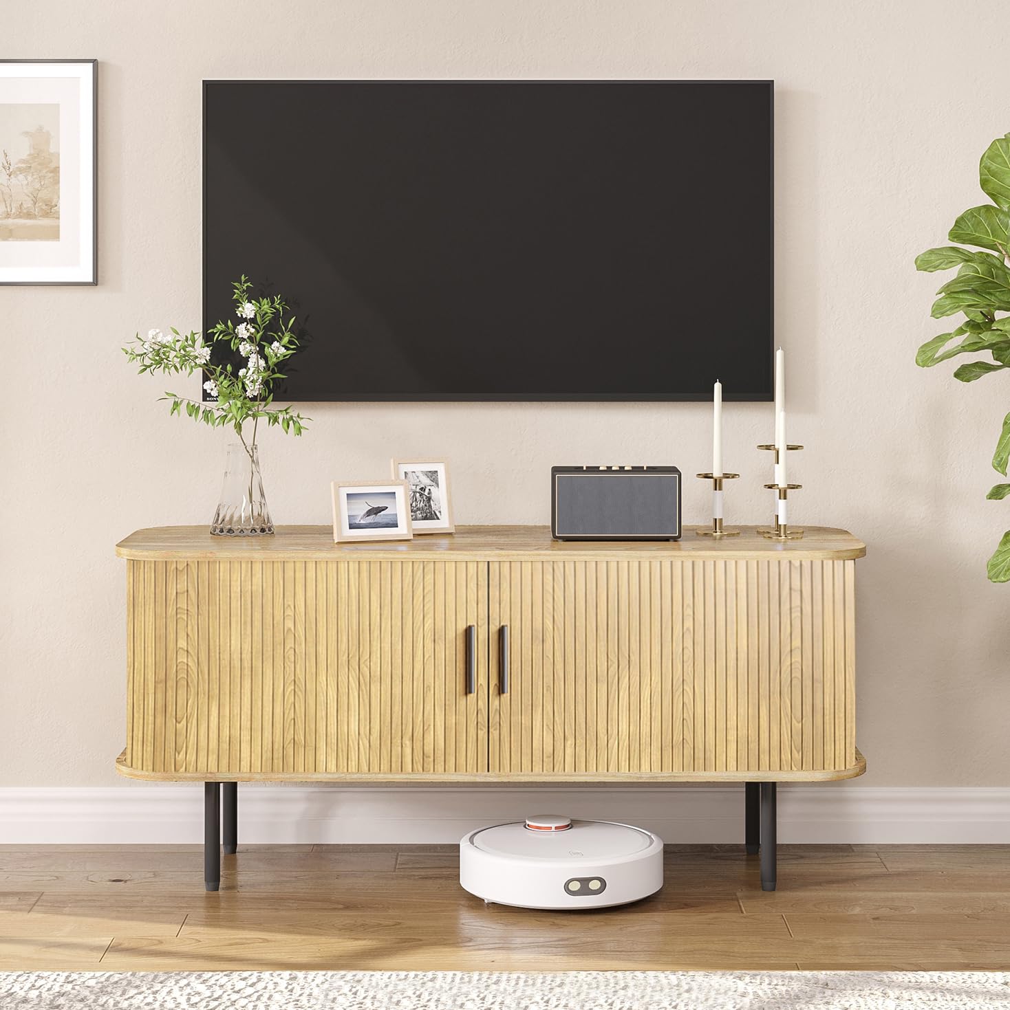 Gaming Console Entertainment Center - Meuble TV cannelé naturel pour téléviseur