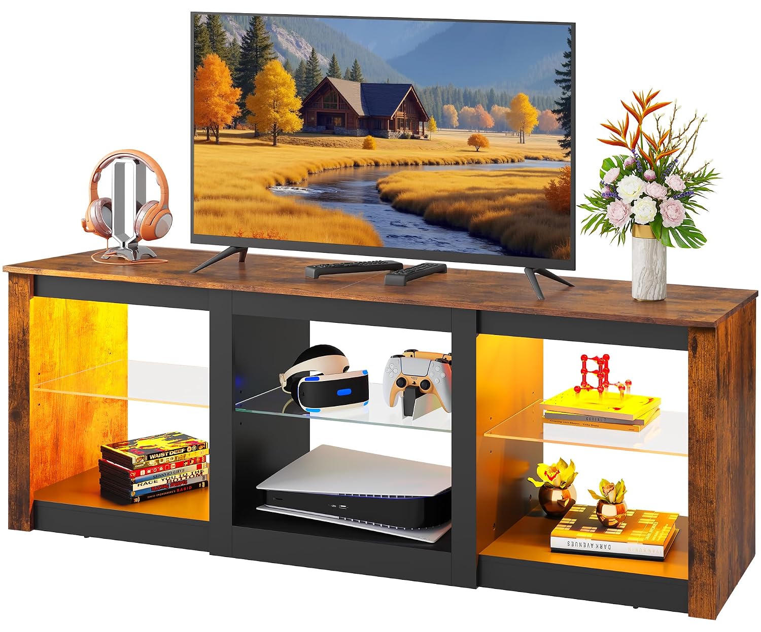 Gaming Console Entertainment Center - Meuble TV LED avec étagères en